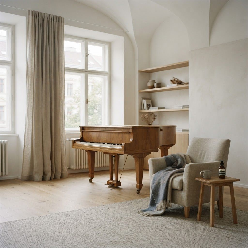 Ruhiger, lichtdurchfluteter Musiktherapieraum mit Klavier und warmen Holztönen